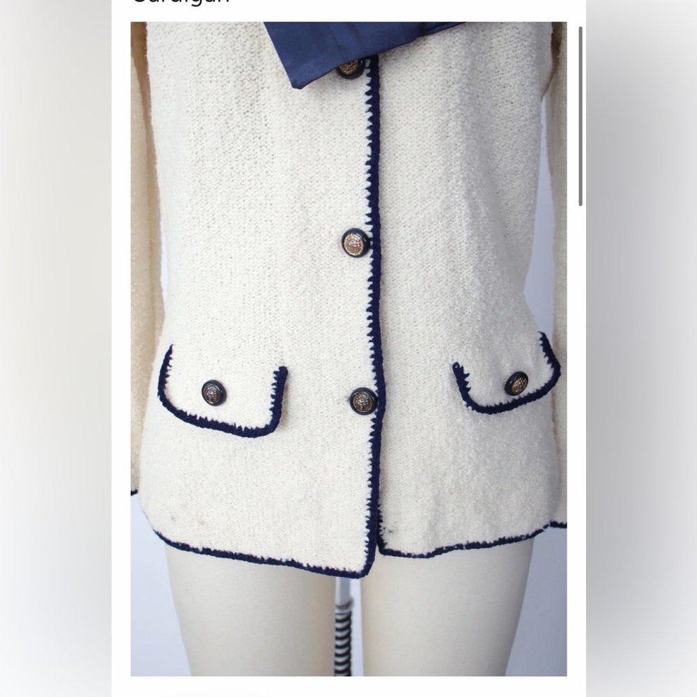 Pat Sandler Elegant Cream Teddy Jacket with Navy Accents Satin Bow small - Picture 3 of 7